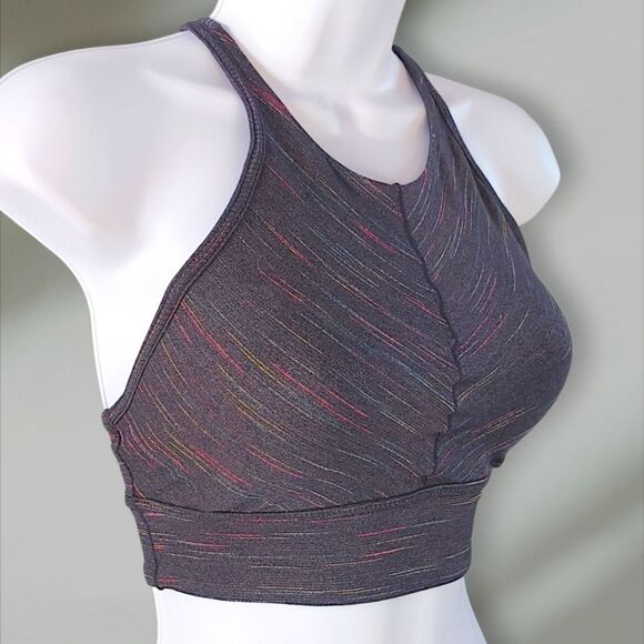 prAna Itzel High Neck Ladder Back Grey Pink Blue Yellow Sports Bra Women's XS - Picture 2 of 10
